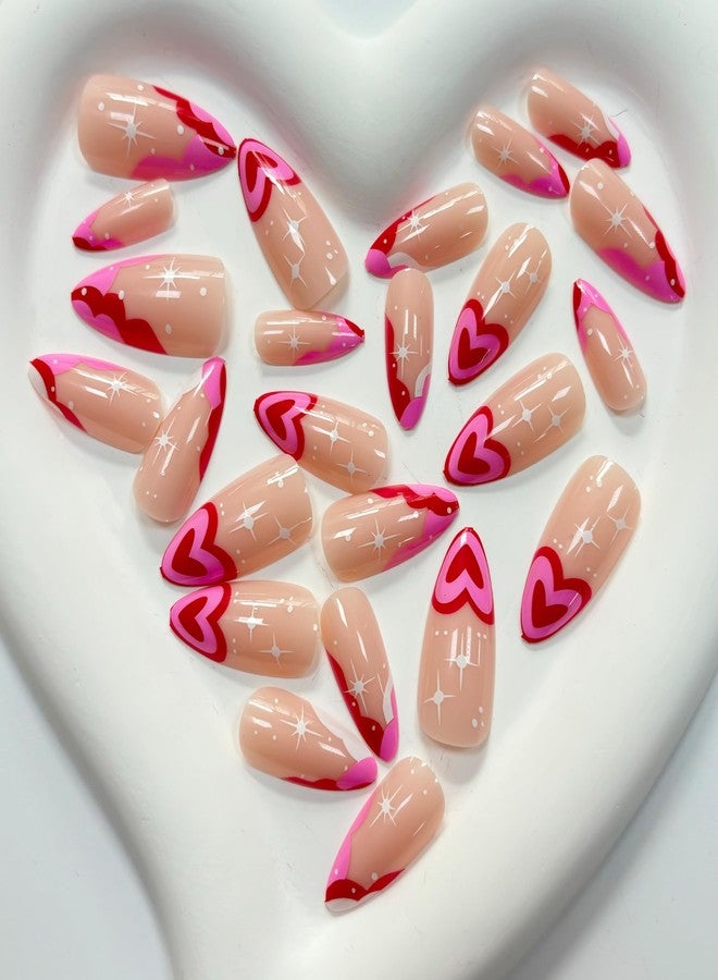 Maigitur Valentine's Day Press on Nails Medium Almond Fake Nails Red Heart False Nails French Tip Glue on Nail Star Pink Love Stick on Nail Glossy Nude Full Cover Acrylic Nail for Women Manicure 24pcs… - Image 2